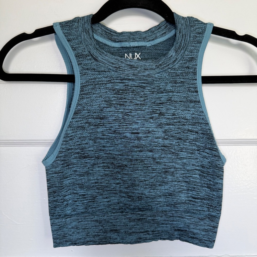 NUX Womens Blue Space Dye Seamless High Neck Racerback Crop Tank Top Size S